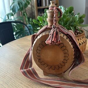Vintage Wooden‎ Hand-Carved Flask with Woven Strap – Rustic Boho Decor